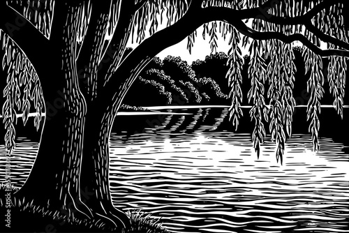 Weeping willow tree with long drooping branches by a calm riverbank, a black and white sketch vector hand drawn