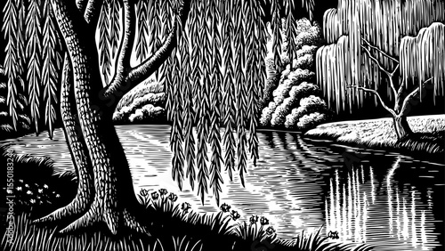 Weeping willow tree with long drooping branches by a calm riverbank, a black and white sketch vector hand drawn