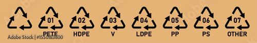 Plastic recycle symbols set, PET, HDPE, PVC, PP, PS, other types. Codes 1 to 7 in black color, plastic recycling labels, eco icon vector collection on brown background.