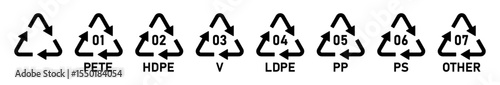 Plastic recycling codes 1 to 7, PET, HDPE, PVC, PP, PS, other types. Black recycle symbols, plastic icon set, eco labels, vector illustration.