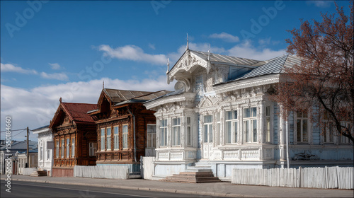 stunning view of unique wooden houses in tomsk showcasing intricate carving details and traditional architecture