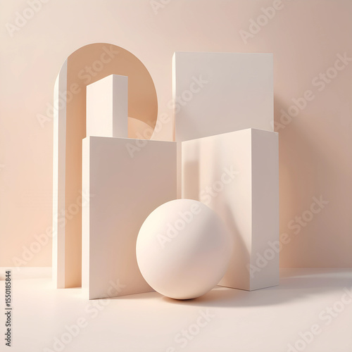 Minimalistic abstract 3D shapes on pastel background, soft shadows, white and beige tones, 4K resolution, clean and modern