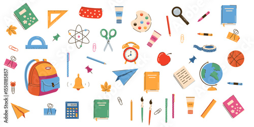 Big set of school supplies and education set. Back to school. Backpack, books, globe, pencil box, paints, ruler, pen, pencil. Suitable for prints, cards, paper crafts, scrapbooking.