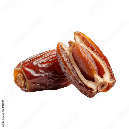 whole and halved dried dates isolated on white background, dried dates with pit healthy snack, dried dates sweet superfood cutout
