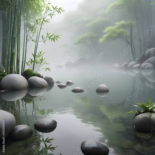 Zen-style minimalist nature scene with bamboo, rocks, and water reflection, soft fog, Japanese garden aesthetic, peaceful atmosphere, 4K ultra HD l