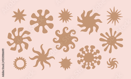 Bold boho gipsy hippie sun abstract shapes with curly rays. Simple cute celestial icons, symbols for card, banner design