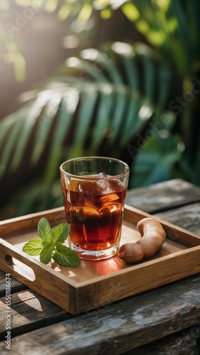 glass of tamarind juice with ice and mint on wooden tray, refreshing tropical tamarind drink, iced tamarind beverage with natural light
