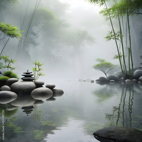 Zen-style minimalist nature scene with bamboo, rocks, and water reflection, soft fog, Japanese garden aesthetic, peaceful atmosphere, 4K ultra HD
Negative prompt: bad quality, worst quality