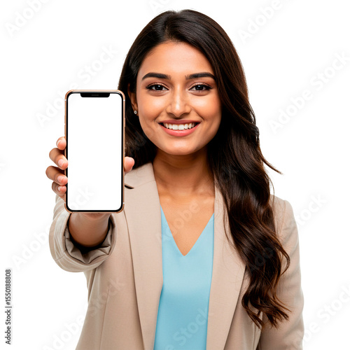 Smiling Indian Businesswoman Showing Smartphone Blank Screen Mockup