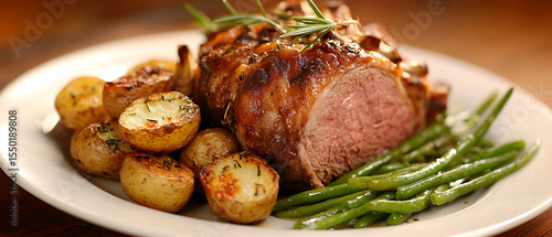 Fototapeta Naklejka Na Ścianę i Meble -  Roasted Lamb with Herbed Potatoes and Green Beans