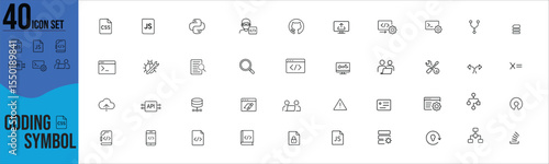 Minimalist Line Icon Set of Coding Symbols in Modern Vector Style.programming, code, developer, software, html, css, javascript, python, tech, digital, script, terminal, database