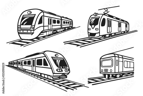Different types of trains traveling on railway tracks with a focus on varying designs and styles.