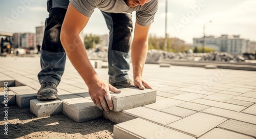 Man installing pavement using concrete paver blocks outdoor. Working on new street or public path construction site.