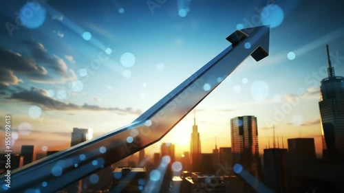 A glass arrow pointing upwards against a cityscape at sunset with bokeh light effects overlayed
