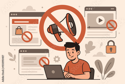 Ad blocking software concept for removing online advertising and pop-ups. Man with laptop using adblocker for internet security, digital privacy, and clean web browsing experience.