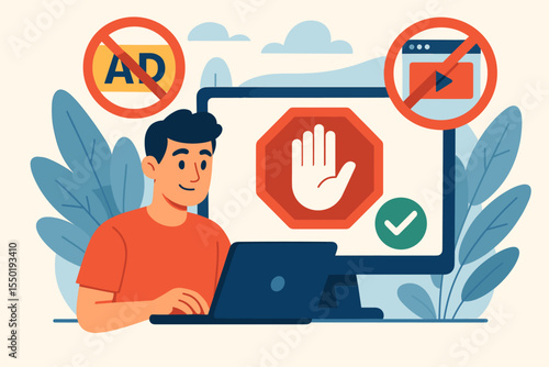 Ad blocker software concept. Man at computer blocking annoying online ads, pop-ups, and video content. Internet privacy, content filtering, and digital security vector illustration.