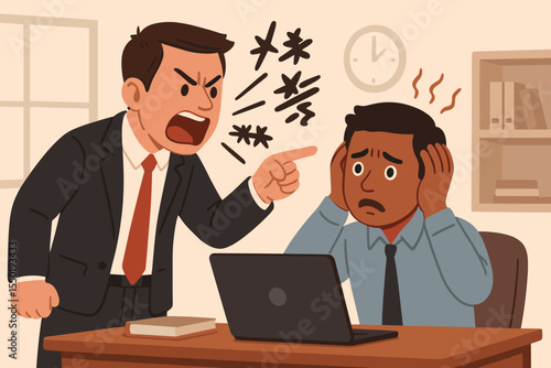 Angry boss shouting at scared employee. Workplace bullying, harassment, and toxic environment concept. Manager aggression, verbal abuse, and pressure at work. Office conflict.