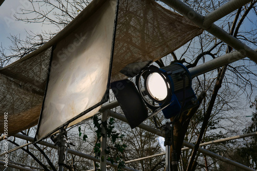 HMI lamp and diffusion filter in front of it used on the film set