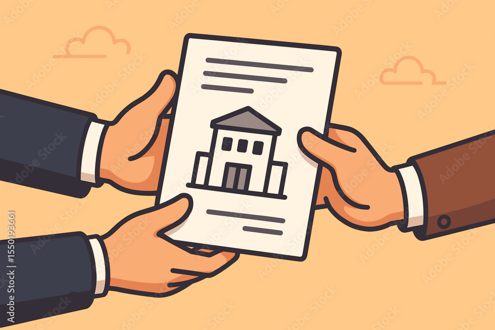 Business acquisition concept with hands exchanging a document. Company merger or real estate deal illustration. Partnership agreement, property transfer and corporate transaction vector. Business acquisition concept with hands exchanging a document. Company merger or real estate deal illustration. Partnership agreement, property transfer and corporate transaction vector.