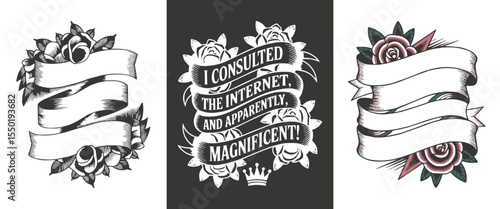 Vintage Banner Ribbon Tattoo Style Vector Design Set Featuring Grungy Floral Elements and Editable Text Layouts for Classic Ink Art, Logo Design, Shirt Graphics, and Retro Themed Poster Projects