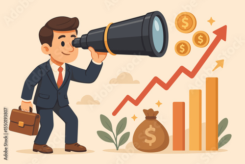 Businessman investor gazes through a telescope, seeking lucrative investment opportunities. Concept of business vision, future growth, financial forecast, and market success. Vector.