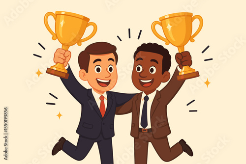Diverse business partners celebrating teamwork success and achievement. Two happy businessmen holding golden trophy cups, cartoon vector. Victory, partnership, and win-win concept.