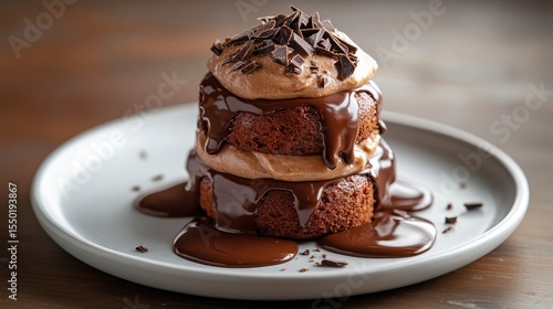 A mouthwatering triple layer chocolate cake topped with luscious creamy frosting and shavings, showcasing irresistible dessert artistry perfect for sweet tooth cravings.