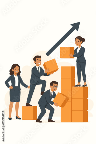 Teamwork concept with business people building a rising graph with blocks. Metaphor for corporate growth, success, and strategy. Collaboration on a career ladder for achievement.