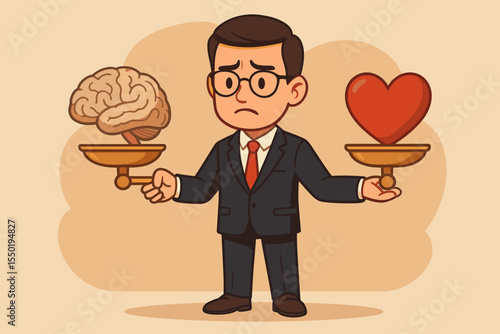 Emotional intelligence concept with businessman balancing brain and heart on a scale. Dilemma between rational thinking and feelings. Logic versus passion in career choice. Vector.