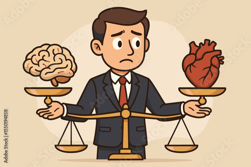 Dilemma concept with a businessman balancing brain and heart on a scale. Choice between logic and emotion, rational mind vs feeling. Emotional intelligence. Work life balance vector.