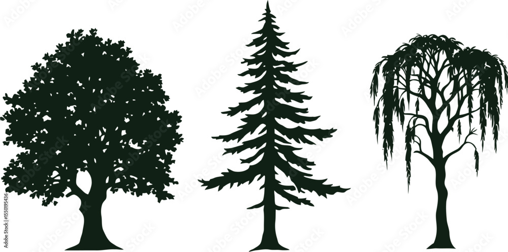Fototapeta premium Tree Silhouette Symbol Set Featuring Three Distinct Tree Shapes: A Dense Canopy Deciduous Tree, a Tall Coniferous Pine, and a Graceful Willow with Drooping Branches—Representing Botanical Diversity, 