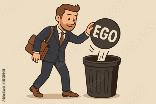 Businessman disposing of ego, overcoming obstacles, achieving professional growth and success. Concept of personal development, mental health, humility, self-improvement. Vector cartoon illustration.
