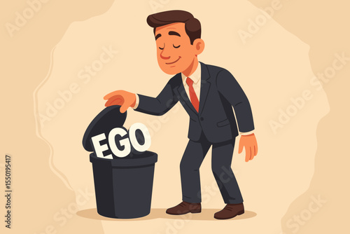 Businessman throwing ego into the trash. Concept of letting go, humility, personal growth, and professional development. Overcoming pride for success. Mindset change metaphor.