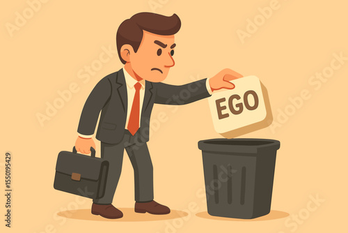 Businessman disposes of ego. Concept of overcoming self-limiting beliefs for career success, personal development, professional growth, and leadership. Cartoon vector.