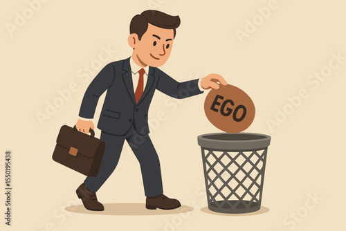 Businessman throws ego in trash bin. Metaphor for overcoming personal obstacles, professional growth, and self-improvement. Letting go of pride for success. Mindset change concept.