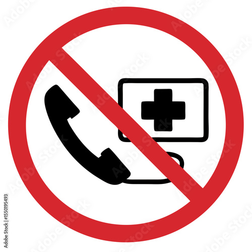No phone use near medical devices sign with telephone and health monitor illustration