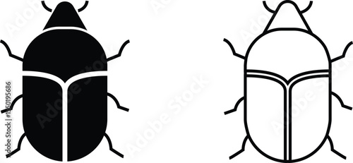 Two icons of a simple beetle or insect, one in solid black fill and one in line art format on a white background