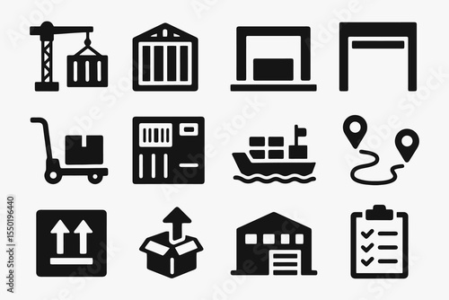 Shipping and logistics icon collection including containers, cargo, ship, checklist, tracking, and distribution concepts.
