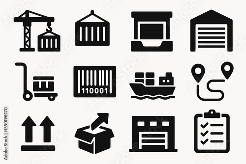 Warehouse and shipping vector icons including containers, forklifts, packages, transport routes, and inventory symbols.
