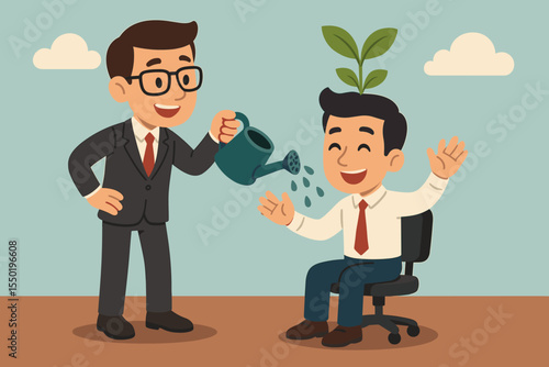 Businessman mentor watering employee for HR talent development, career growth, staff motivation, personal skill improvement, leadership training, professional coaching, business success concept vector
