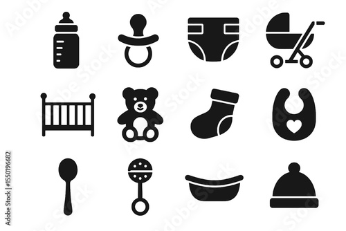 Baby essentials icon set including bottle, pacifier, crib, teddy bear, bib, stroller, hat, sock, and spoon in a solid black style.