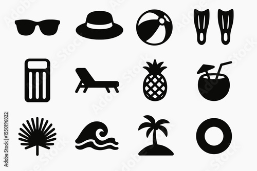 Black beach icon collection featuring umbrella, cocktail, pineapple, flippers, waves, swim float, and tropical elements for summer themes.