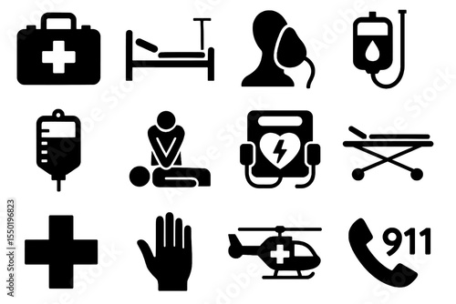 Emergency and medical icon set with ambulance, CPR, IV drip, defibrillator, stretcher, hospital bed, and rescue symbols in bold black.