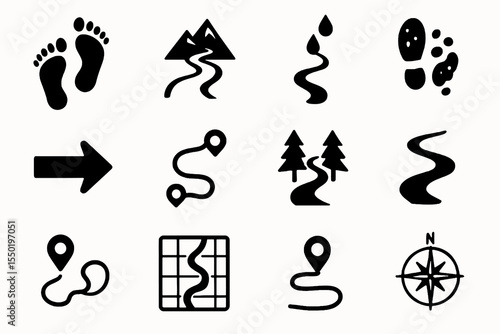 Curved path and hiking route icons showing trails, maps, footprints, and nature navigation. Simple black vector silhouettes.