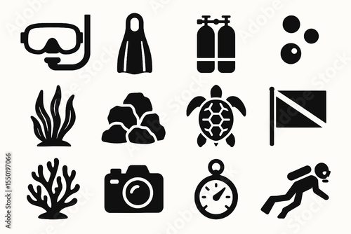 Scuba diving icon collection featuring marine life, diving gear, photography, and underwater exploration elements.