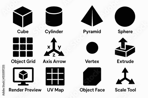 Labeled 3D modeling icons set with shapes like cube, cylinder, pyramid, and tools such as UV map, extrude, and scale tool in black style.