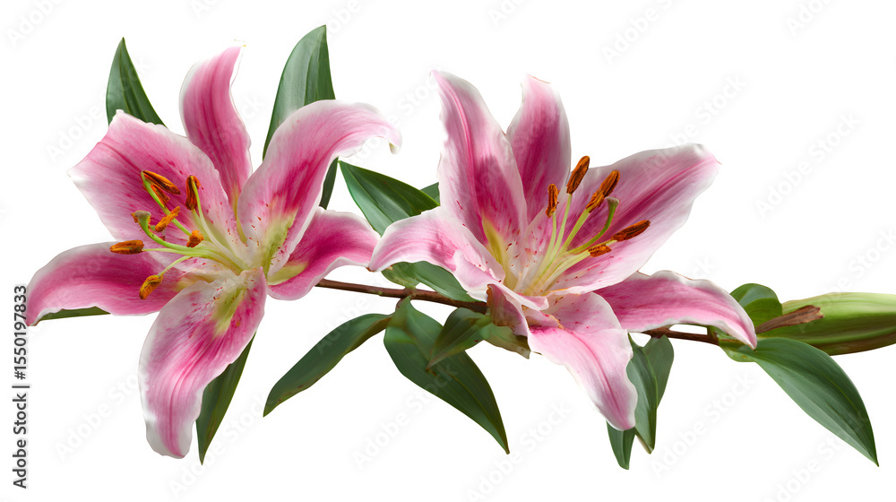 Naklejka premium Two stems of pink lily flowers with green leaves, isolated on a clean white background,