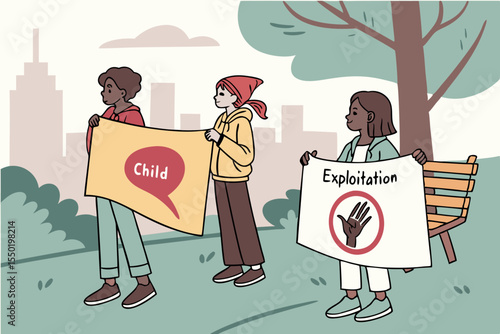 Group of activists standing together with banners against child exploitation