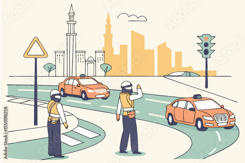 Saudi police conducting traffic control at a busy urban intersection