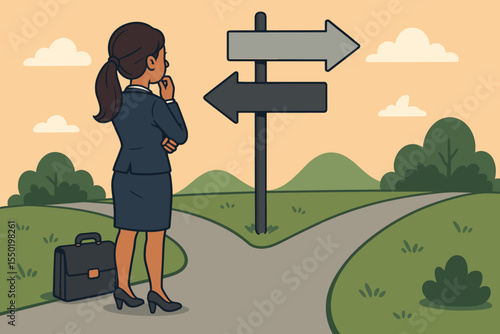 Businesswoman standing at crossroads decision dilemma, choosing career path direction, opportunity or risk, leadership concept, vector illustration, professional woman making strategic choice